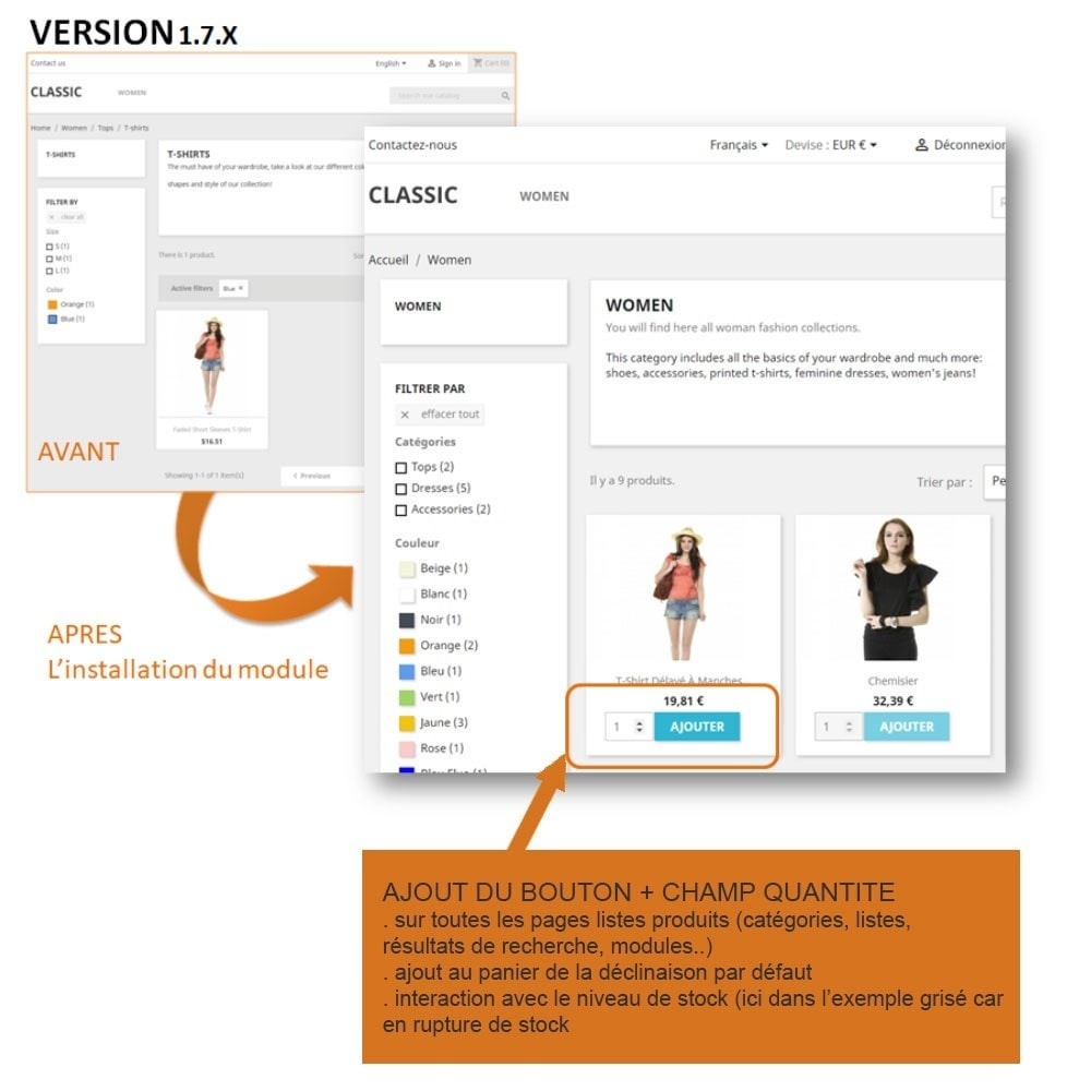 Bouton ajouter des quantités sur la liste produit